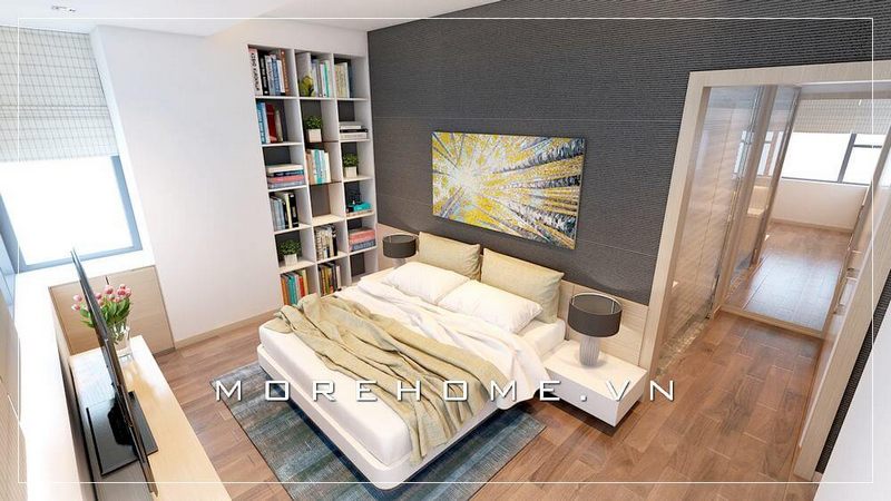Lựa chọn giường ngủ gỗ công nghiệp nhẹ nhàng với tone màu trắng chủ đạo làm cho căn phòng ngủ nhà phố hiện đại và sáng sủa